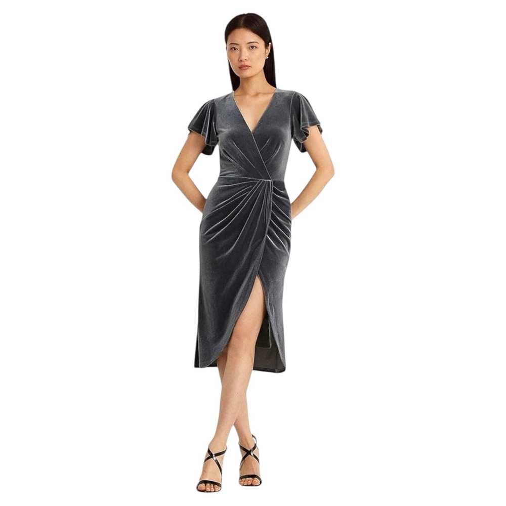 Lauren Ralph Lauren Women's 6 Velvet Flutter-Sleeve Cocktail Dress Dark Grey